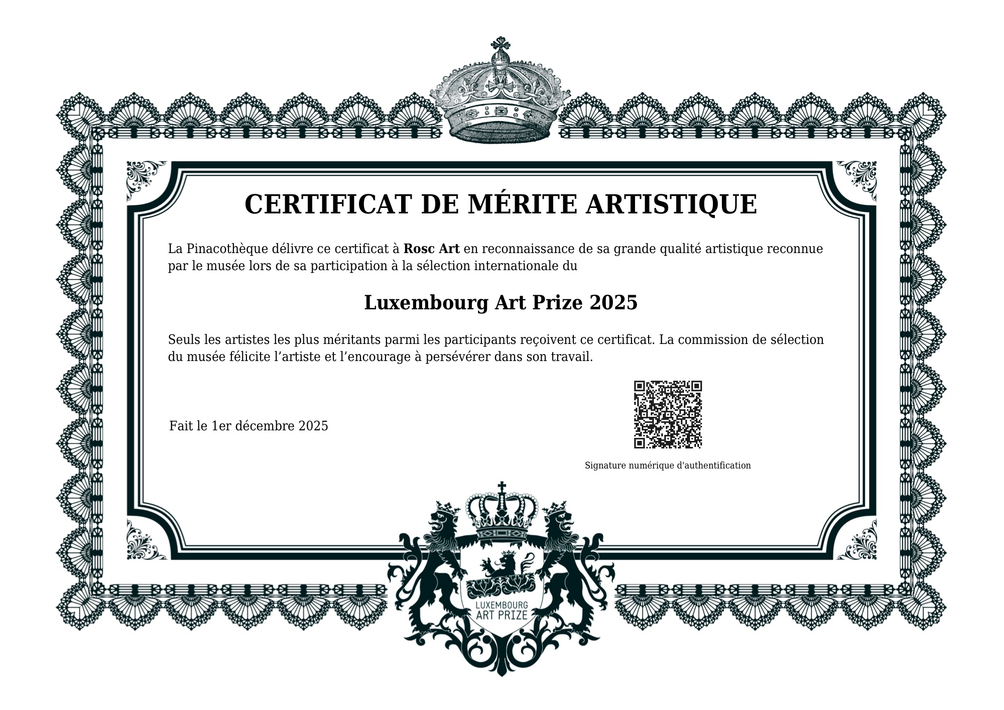 Luxembourg Art Prize 2025 — Certificat de Mérite Artistique awarded to ROSC ART