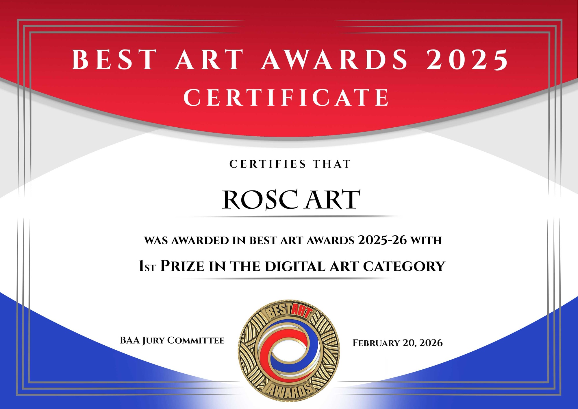 Best Art Awards 2025-26 — First Prize certificate, Digital Art, ROSC ART
