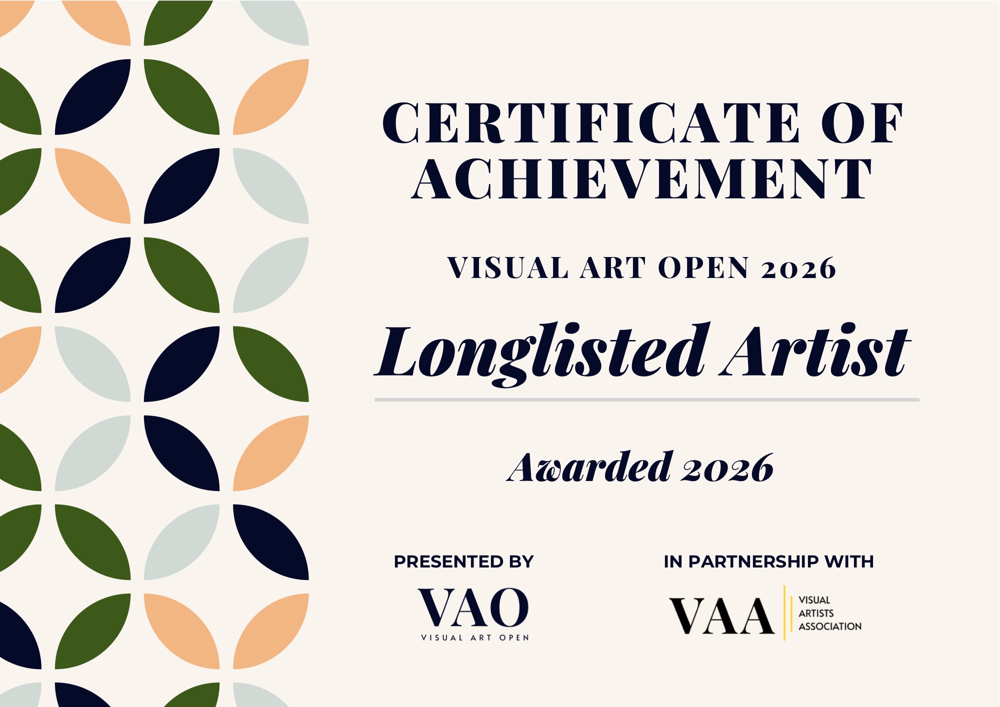Visual Art Open 2026 — Certificate of Achievement, Longlisted Artist