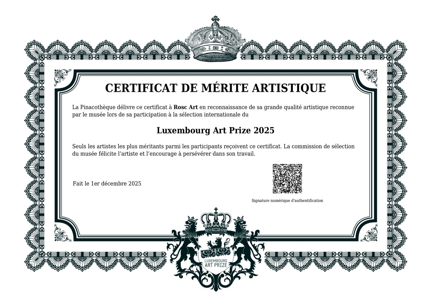 Luxembourg Art Prize 2025 — Certificat de Mérite Artistique awarded to ROSC ART